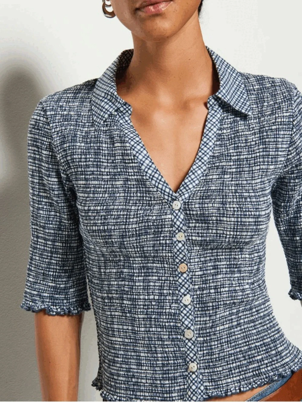 Women's Blue Peggy Nation Smocked Button-Front Top picnic check